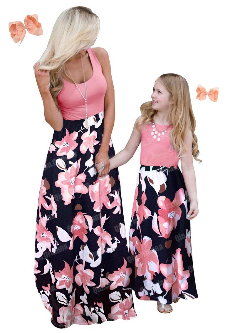 Qin.Orianna Mommy and Me Boho Floral Family Matching Maxi Dress with Pocket for Motherâ€™s Day Pink - Image 1